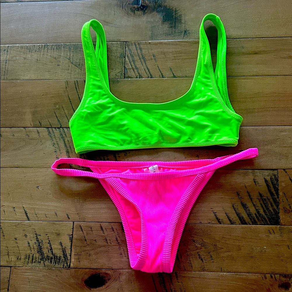 White Fox neon pink and green bikini - S